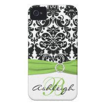 Personalized Black, White, Lime Damask iPhone 4 Case-Mate iPhone 4 Case