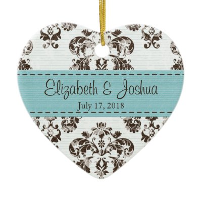 Personalized Blue and Brown Vintage Damask Wedding Christmas Tree Ornament