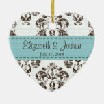 Personalized Blue and Brown Vintage Damask Wedding Christmas Tree Ornament