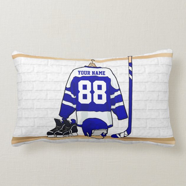 Personalized Blue and White Ice Hockey Jersey Throw Pillows
