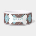 Personalized blue argyle dog bone pet food bowl petbowl