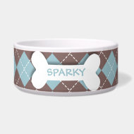Personalized blue argyle dog bone pet food bowl petbowl