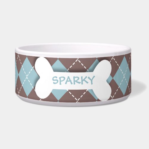 Personalized blue argyle dog bone pet food bowl petbowl