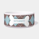 Personalized blue argyle dog bone pet food bowl dog water bowl