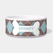 Personalized blue argyle dog bone pet food bowl dog water bowl