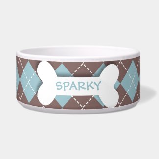 Personalized blue argyle dog bone pet food bowl dog water bowl