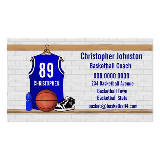 Personalized Blue Basketball Jersey Business Card Template (front side)