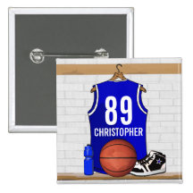 Personalized Blue Basketball Jersey Pinback Button