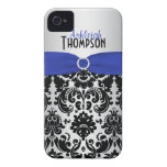 Personalized Blue, Black, Silver Damask iPhone 4 Case-Mate Cases