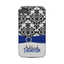 Personalized Blue, Black, White Damask Tough Iphone 4 Covers
