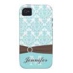 Personalized Blue, Brown, White Damask iPhone 4 iPhone 4/4S Case