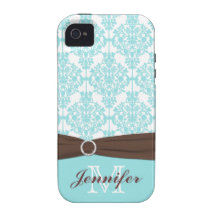 Personalized Blue, Brown, White Damask iPhone 4 iPhone 4/4S Case