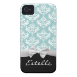 Personalized Blue damask with white ribbon iPhone 4 Cases