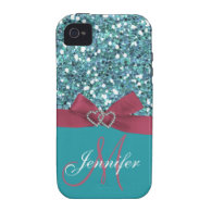 Personalized Blue Glitter, Pink Printed Bow iPhone 4/4S Cases