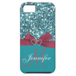 Personalized Blue Glitter, Pink Printed Bow iPhone 5 Cases
