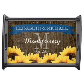 PERSONALIZED BLUE RUSTIC SUNFLOWER WEDDING SERVING PLATTERS
