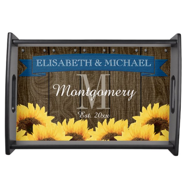 PERSONALIZED BLUE RUSTIC SUNFLOWER WEDDING SERVICE TRAY