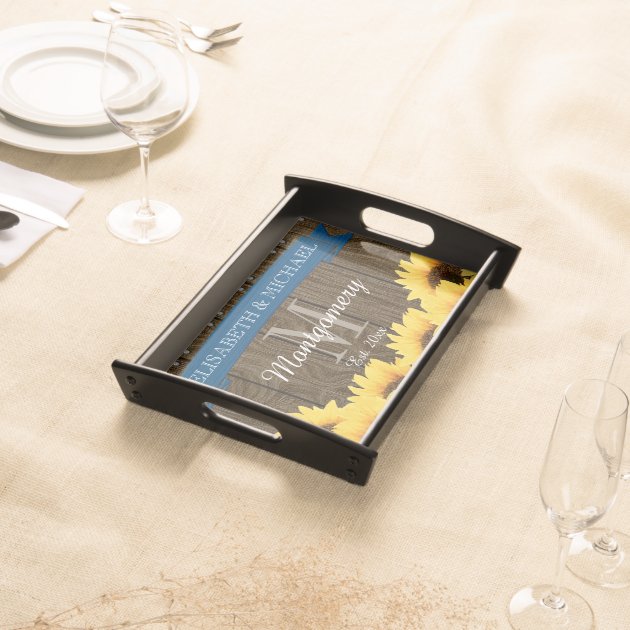 PERSONALIZED BLUE RUSTIC SUNFLOWER WEDDING SERVICE TRAY