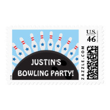 Personalized bowling party postage stamps, blue