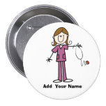 Personalized Brown Hair Stick Figure Nurse  Button