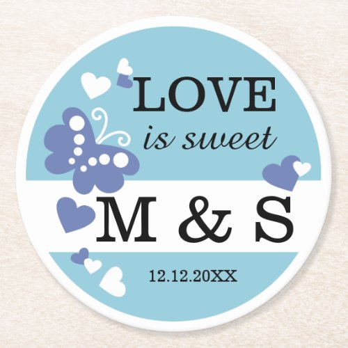 Personalized Butterfly Heart Monogram Wedding Blue Round Paper Coaster