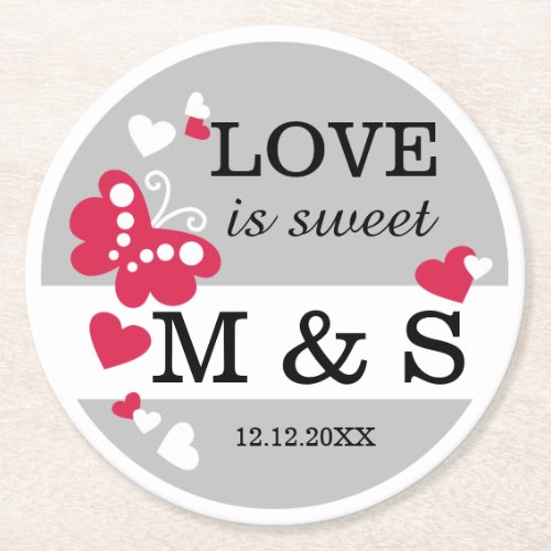Personalized Butterfly Heart Monogram Wedding Gray Round Paper Coaster
