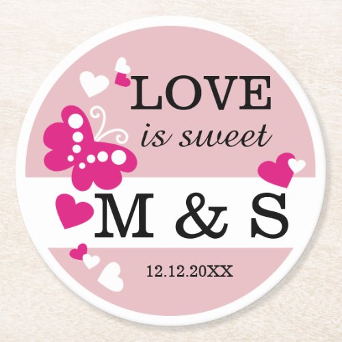 Personalized Butterfly Heart Monogram Wedding Pink Round Paper Coaster