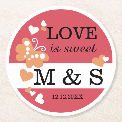 Personalized Butterfly Heart Monogram Wedding Red Round Paper Coaster