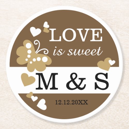 Personalized Butterfly Heart Monogram Wedding Round Paper Coaster
