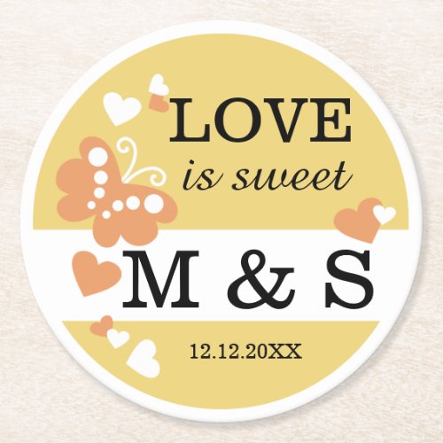 Personalized Butterfly Heart Monogram Wedding Round Paper Coaster