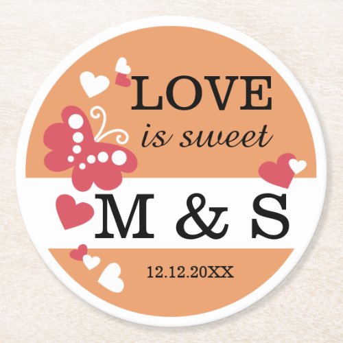Personalized Butterfly Heart Monogram Wedding Round Paper Coaster