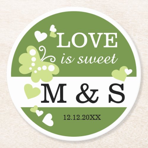 Personalized Butterfly Heart Monogram Wedding Round Paper Coaster