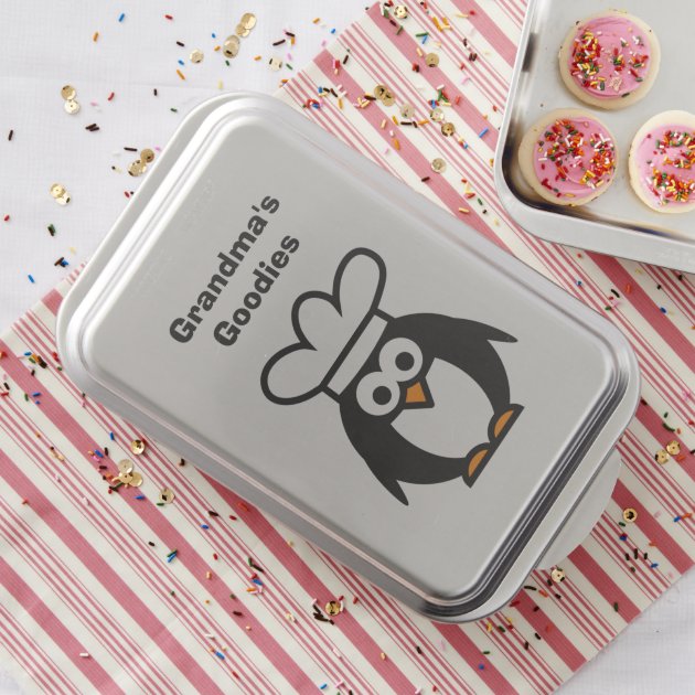 Personalized cake pan with funny penguin chef