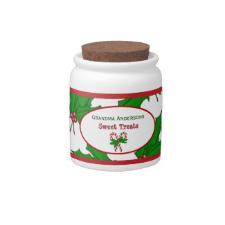 Personalized: Candy Cane And Holly: Candy Jar