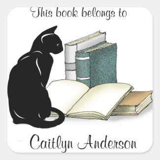 Personalized Cat and Books  Bookplate Sticker