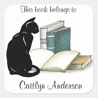 Personalized Cat and Books  Bookplate Sticker
