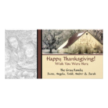 Personalized Country Snow Barn Happy Thanksgiving Picture Card