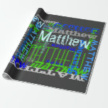 Personalized Custom Name Collage Blue Birthday Gift Wrapping Paper