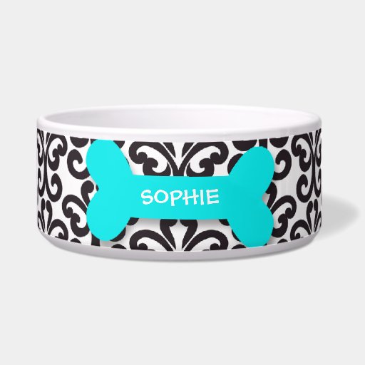 Personalized damask aqua dog bone pet food bowl dog bowl