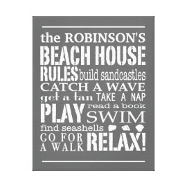 Personalized Family Beach House Rules Gray | White Gallery Wrap Canvas