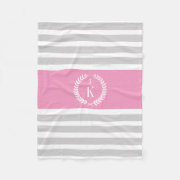 Surname or first name monogram personal letter Stripe Pattern light Grey gray and Pink stripy stripey Fleece Blanket