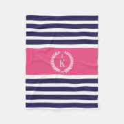Personalized Family name letter Stripe Pattern Hot Pink on dark navy blue and white striped Fleece Blanket