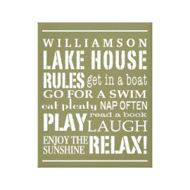 Personalized Family Lake House Rules Green | White Gallery Wrap Canvas