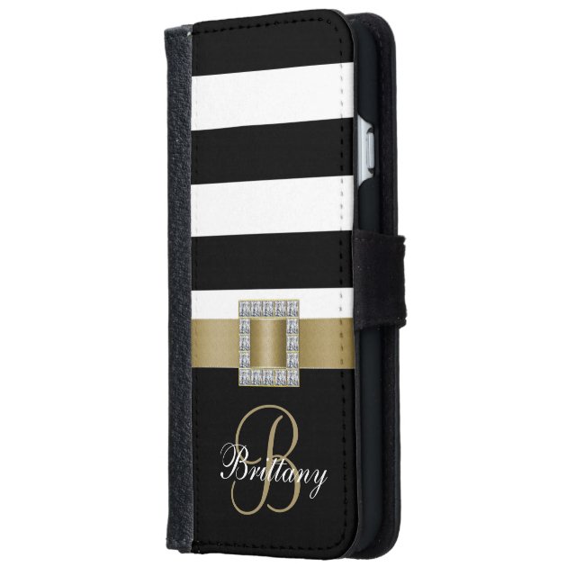 Personalized Gold, Black Bold Stripes Diamonds iPhone 6 Wallet Case