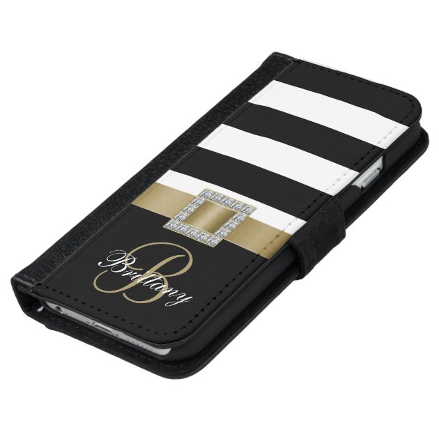 Personalized Gold, Black Bold Stripes Diamonds iPhone 6 Wallet Case-5