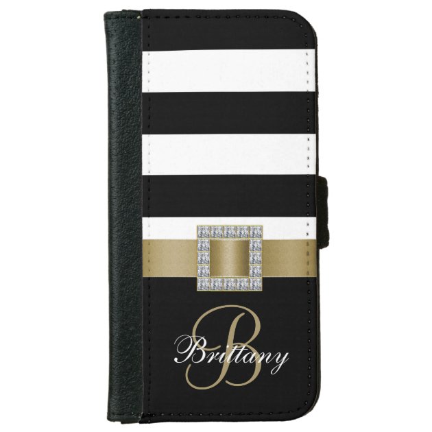 Personalized Gold, Black Bold Stripes Diamonds iPhone 6 Wallet Case-0