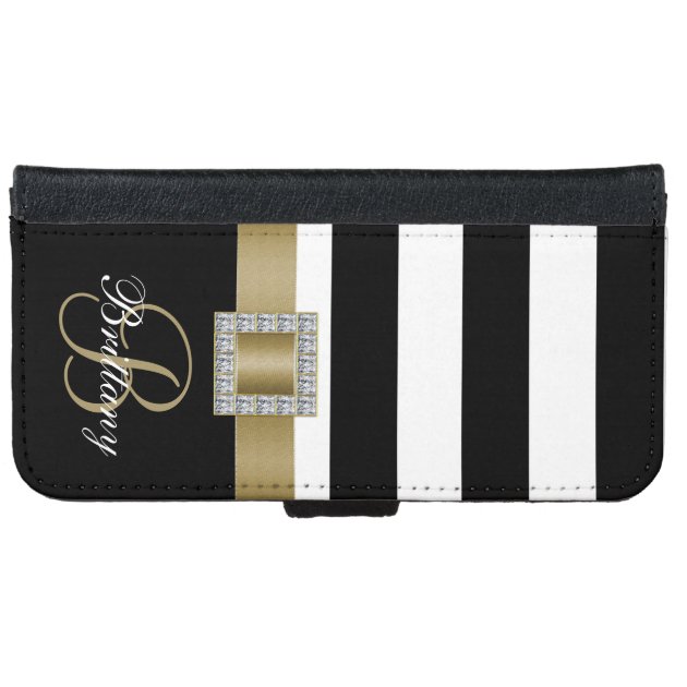 Personalized Gold, Black Bold Stripes Diamonds iPhone 6 Wallet Case-4