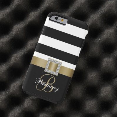 Personalized Gold, Black Bold Stripes Diamonds Tough iPhone 6 Case