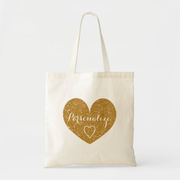 Personalized gold glitter love heart tote bag
