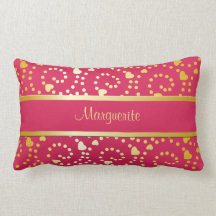 Personalized Gold Hearts and Swirls on Cerise Pillow